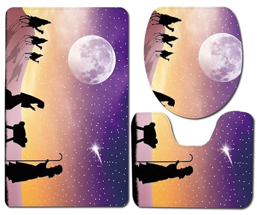 Bad Teppiche Set Orange Lila Mond Badezimmerteppich Waschbar WC Vorleger mit Ausschnitt und WC Deckelbezug 3 Teilig Badematte rutschfest Toilettensitzbezug Badgarnitur 45x75 cm