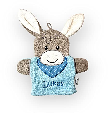 Sterntaler Spiel-Waschhandschuh personalisiert mit Name (blau) Emmi Esel