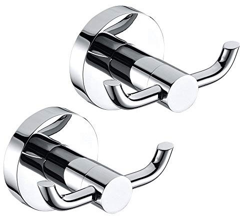 Bathroom Hooks for Towels Robes Stainless Steel Modern Double Hook Robe Holder Kitchen Hand Towel Hook Bathroom Towel Hanger Hat Clothes Towel Holder Rack Chrome Wall Hooks with Fitting Screws (2pcs)