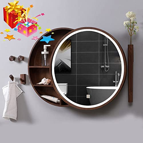 Armoire à pharmacie ronde lumineuse à LED avec miroir coulissant Couleur noyer 70 cm
