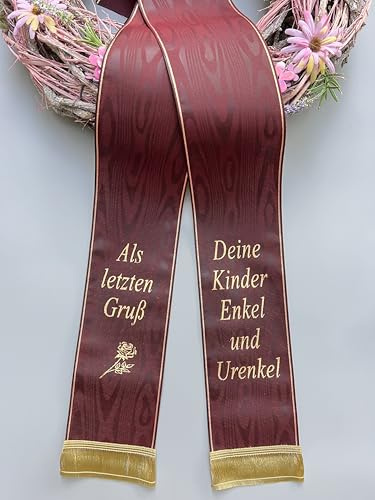 (17 Farbe Auswahl) Moire Trauerschleife mit Text personalisiert, Grabsgesteckband Bedruckt nach Wunsch, Urnen- Grabstrausschleife, Kranzschleife (Bordeaux Rot, 125mm)