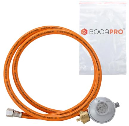 BOGAPRO Set aus Propangasschlauch 200 cm und Gasdruckregler 50 mbar, Druckminderer Gas 1/4 Linksgewinde, Gasschlauch und Druckregler inkl. Polybeutel, Polyvinylchlorid (PVC)
