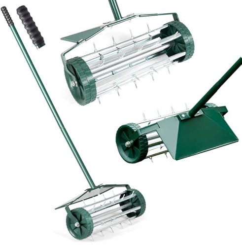 RELAX4LIFE Scarificateur Gazon Manuel avec Garde-Boue&Poignée&Rouleau à Pointes Rotatives, Rouleau Aérateur Gazon de Pelouse en Métal pour Jardin Cour Patio, Vert (avec Garde-Boue)