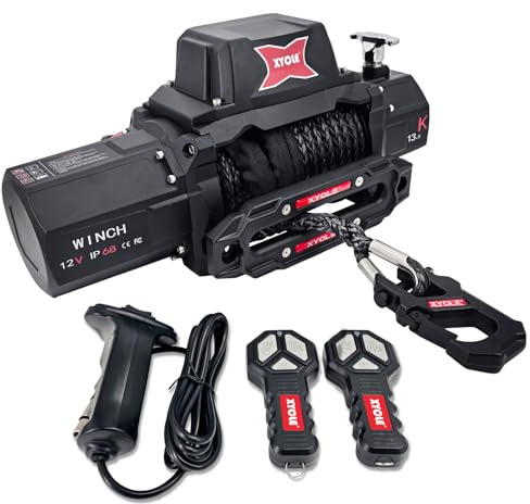 XYCLE 13500lbs Electric Winch 12V IP68waterproof Off-Road Vehicle Rescue winchs with2wireless Remote Controls and1/2Synthetic Rope Suitable for Towing SUVs,Loggers,Trucks,Trailers,Jeeps,4WD(Black)