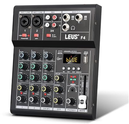 Mesa de Mezclas de Audio, Interfaz de consola de mezclas F4 con Bluetooth, USB, grabación en PC, alimentación fantasma de 48 V, efecto de repetición de retardo, mezclador de sonido for DJ de 4 canales