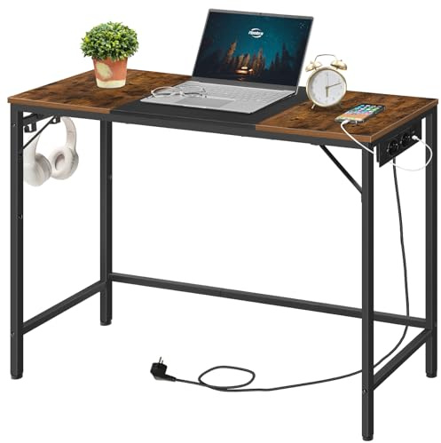 HOOBRO Scrivania per Computer da Ufficio e Casa con Stazione di Ricarica, Scrivania Industriale Bicolore con 3 Ganci, Struttura in Metallo, per Studio, Soggiorno, Marrone Vintage e Nero EBF41CDN01