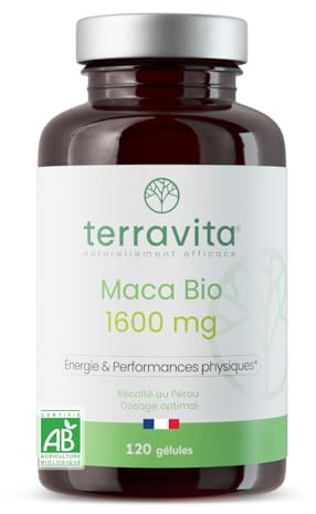 MACA BIO du Pérou | Performance, Fertilité, Désir et Énergie | Racine riche en Vitamines et Minéraux | 1600 mg/jour pour une Efficacité Maximale | 120 Gélules Vegan | Terravita