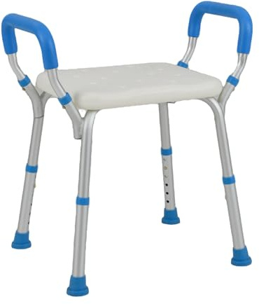 HOMASIS Silla Ducha para Mayores, Taburete de Baño, Asiento Adultos con Brazos Acolchados Desmontables, Altura Ajustable de 6 Niveles, Pies de Goma Antideslizantes, (Azul, 59 x 43 x 54-67 cm)