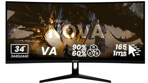Arozzi Écran PC Gamer Nova 34” Incurvé VA 165Hz – Écran Gaming Ultra Large QHD 1440p – Adaptive Sync, HDR10, sans Scintillement – Couleurs 90% sRGB – Compatible PC et Console - Noir