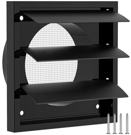 Hon&Guan 100mm External Gravity Grille Air Vent Cover 142mm x 142mm Wall Vent with Flyscreen for Tumble Dryer, Extractor Fan, Garage, Bathroom, Kitchen, Exterior Walls, Attic (Black)