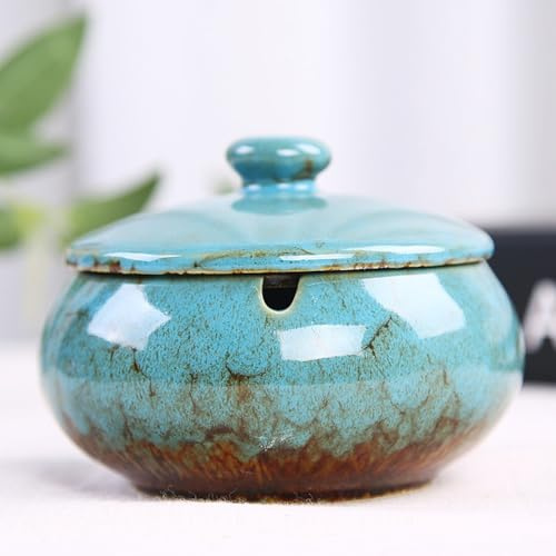 Ceramic Ashtray with Lids, Windproof, Cigarette Ashtray for Indoor or Outdoor Use，Ash Holder for Smokers,Desktop Smoking Ash Tray for Home Office Decoration - Blue