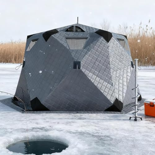 Snabbt popup-isfisketält, vindtätt, isolerat 420D hexagonskydd för 5-6 personer, bärbart isskjul med golvmontering, för isfiske och vintercamping Grey