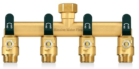 HugWaFlw 4-Wege-Verteiler, Wasserverteiler 4fach, 4 Wege Verteiler Wasser 3/4 Zoll, Wasseranschluss Verteiler, Massives Messing Großer Durchfluss Garten Verteiler, Verlängerter Metallgriff（Grün）