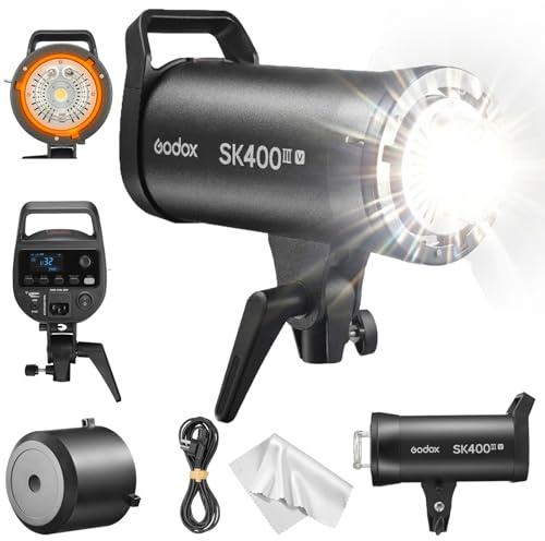 Godox SK400III-V Flash de Estudio 400Ws, GN65 5600K Monoluz Profesional con Lámpara de Modelado LED 10W, Sistema X 2.4G Inalámbrico, Montura Bowens para Retrato y Fotografía de Producto, SK400III V