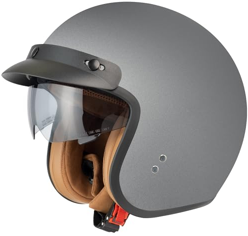Jethelm mit Visier by BS Way: Hochwertiger Motorradhelm, ECE-Zertifiziert für Herren und Damen - Ideal für Roller, Moped, Mofa und Scooter - Retro Helm Design, Halbschalenhelm Matt Grau