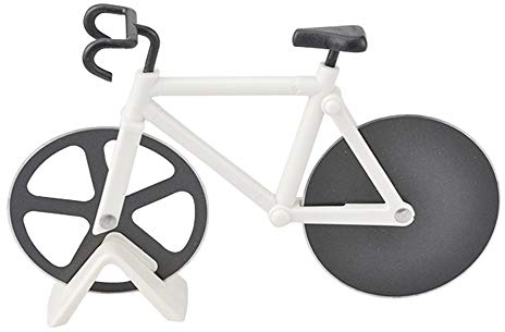 Bicycle Pizza Cutter with Stand Stainless Steel Blade Kitchen Gadget (White)