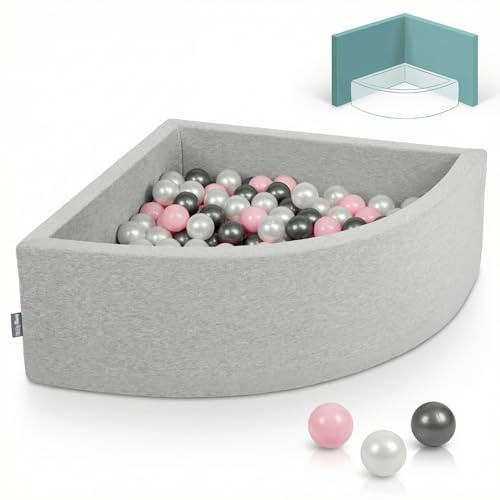 KiddyMoon Eckiges Viertel Bällebad 90x30cm mit 200 Bälle 7 cm Schaumstoff Bällepool für Baby und Kleinkinder - Hellgrau: Perle Puderrosa Silbern
