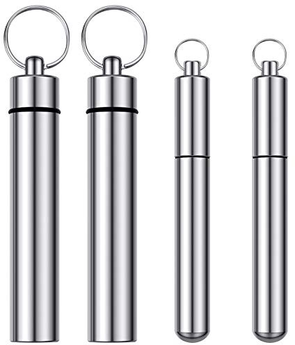 Boao 4 Pieces Metal Portable Toothpick Holder 2 Sizes, Stainless Steel Pocket Holder Aluminum Waterproof Case Toothpick Container with Keychain for Outdoor Picnic and Camping (Silver)