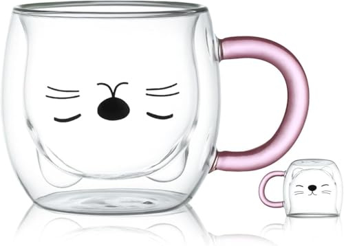 Lila Katze Tasse Süße Tasse mit Henkel Doppelwandige Kaffeetasse Kawaii Katze Geschenke für Frauen Teetasse Geburtstagsgeschenke Tasse für Katzenliebhaber Ideen Weihnachten