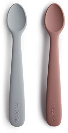 Mushie 2er Set Babylöffel für Kinder | BPA-freier Silikonlöffel | Löffel Spülmaschinenfester Fütterlöffel | Langlebiges Zubehör für Kleinkinder | Stone/Cloudy Mauve