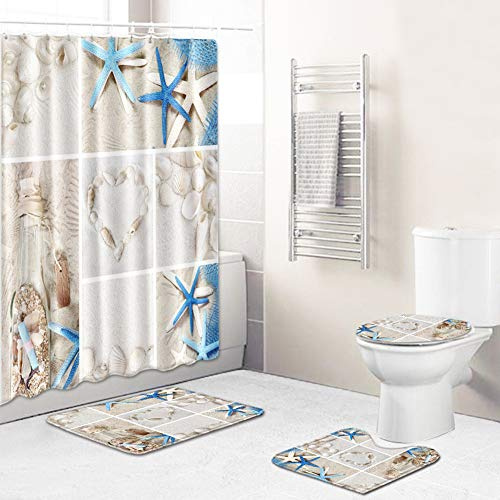 GUOCU Badezimmer Teppich Set-4 TLG,Badematten rutschfeste+Polyester Wasserdicht Antibakterielles Duschvorhang mit 12 Haken+Deckel WC Bezug+U-förmiger Matte Ozean/Wolfs Muster Badgarnitur 3 50x80CM