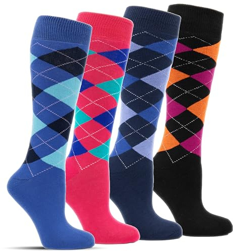 Frostfighter Damen Thermo Kniestrümpfe (4x Paar) warme bunte karierte Strümpfe Winter Ski Reiten Baumwolle Vollfrottee Innenfutter