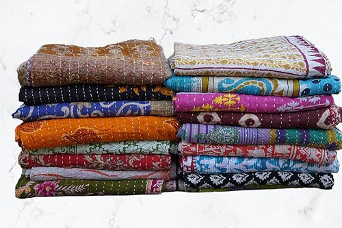 Boho Sanskriti Twin Cotton Quilt, 5pcs Reversible Vintage Bedspreads, Kantha Stitch Blanket, Hand Embroidered Gudari, Multicolor, 85x55Inch, Dry Clean Only