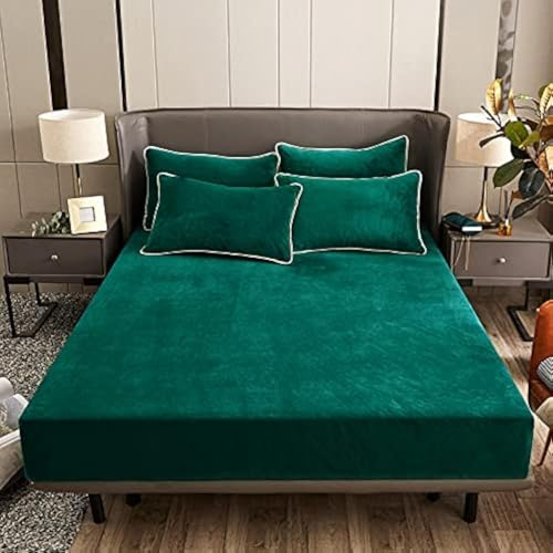 Damier Plüsch Spannbettlaken 160x200cm Grün Dunkelgrün Winter Warme Flauschige Bettlaken Cashmere Touch Spannbetttuch Geeignet für 30cm Matratze