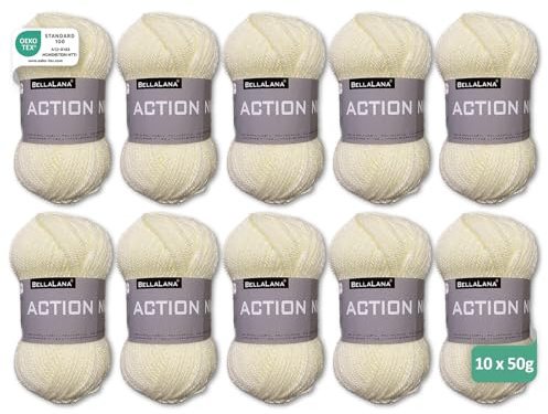 BellaLana Wolle Action New, Allzweckgarn, Stricken, 10x50gr, Ecru | 100% Polyacryl-Garn, weich, angenehm & pflegeleicht - Lauflänge ca. 133m - Nadelstärke 3-4 - für Pullover, Schals, Decken