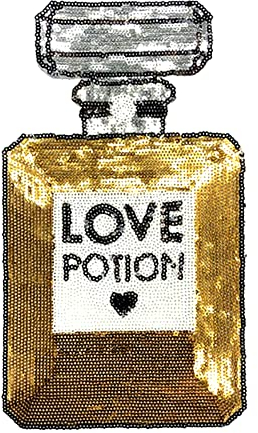 Locomo Sequin Perfume Sew Iron On Patch Sequined Large Paris Love Potion Bottle Motif Applique for Women Clothing Jacket T Shirt Coat Decoration