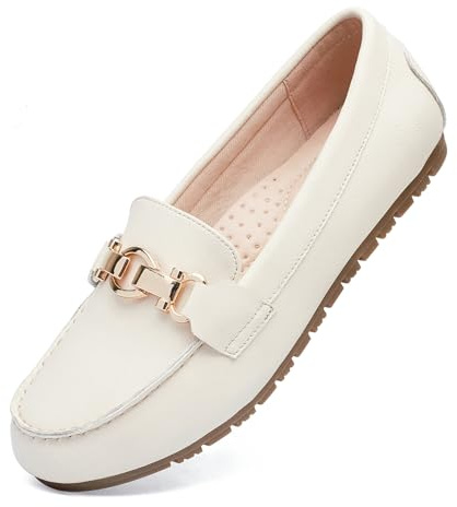 Cvistpieo Loafers for Women Business Casual Shoes Comfortable & Lightweight Penny Loafers Slip On Work Flats Leather Beige White Size 8