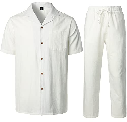 LucMatton Herren 2 Stück Casual Leinen Outfits Sommer Kubanischen Kragen Walking Anzüge für Strand Urlaub, weiß, M