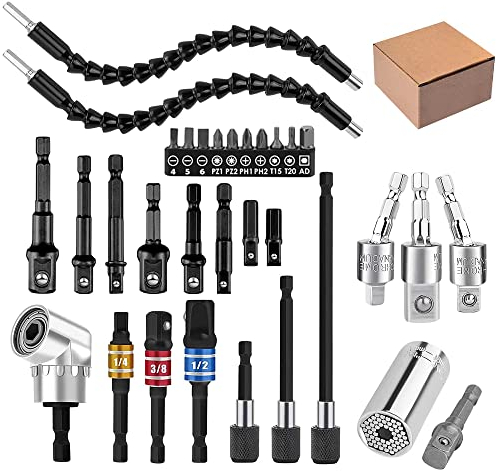 32pcs Flexible Extension Set, Rotating Joint Socket 1/4 3/8 1/2 Inch Hex Adapter, 105° Rectangle Drill Attachments, Bendable Extension Screwdriver Kit (Black)