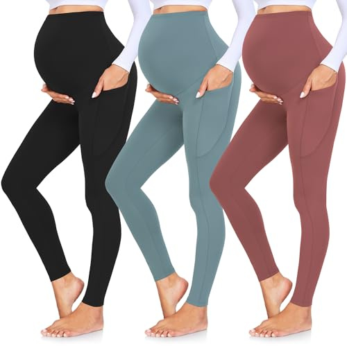 GROTEEN 3 Pack Women's Maternity Leggings Over The Belly with Pockets Maternity Joggers Deportivas de Mujer Autumn Spring Summer Apparel Postpartum Black/Turquoise Blue/Pink