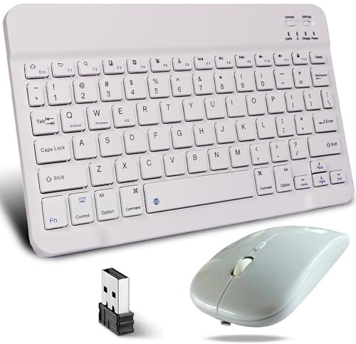 KeautFair Portable Wireless Bluetooth Keyboard and Mouse Mice Set, Dual Rechargeable QWERTY Layout 10“ Cordless Quiet 1200DPI Adjustable Travel for Windows/iOS/Android PC/Laptop/iPad/Smartphone(White)