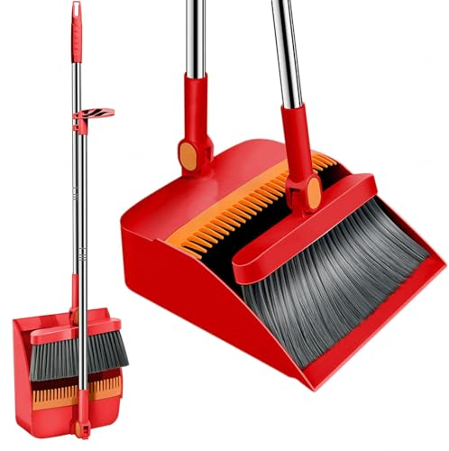 DECORN Besen- und Kehrschaufel-Set mit Langem Stiel für Zuhause, 180° Drehbare Besen-Kombination und Faltbare Ständer-Kehrschaufeln für Die Reinigung des Bodens in Der Küche, Im Zimmer, Rot