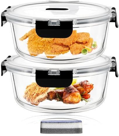 Hcrvvi Food Storage Containers Set - Glass Containers with Lids 2 Pcs, Air Tight Lock Food Container, Glass 620ml, with Upgraded Snap Locking Lids, BPA Free, Meal Prep Containers Reusable