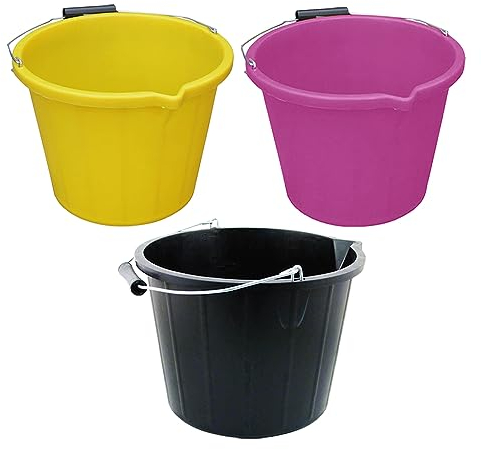 Set of 14 Litre Plastic Builders Buckets 3 Gallon Water Storage Cement Mixing Bucket with Strong Metal Handle Measuring Guide Construction Animal Feeding Car Wash Cleaning Bucket (Yellow, Pink, Black)