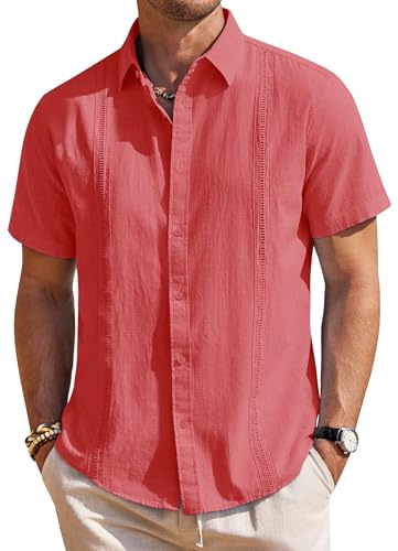 Herren-Leinenhemd, kurzärmelig, Knopfleiste, lässig, leicht, einfarbig, stilvoll, kubanisches Guayabera-Strand-Top, Koralle, 4X-Groß