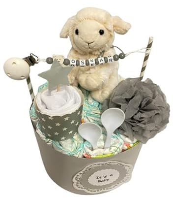 Windeltorte mit Name - Kuscheltier mini Schaf grau weiß - Geschenk, Babyparty, Geburt, Taufe, Babygeschenk