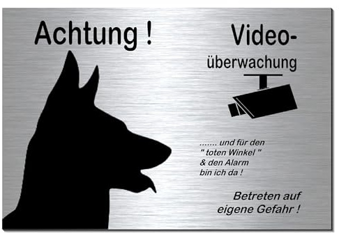 Schäferhund-Videoüberwachung-Hund-Schild-Hundeschild-200 x 150 x 3 mm-Aluminium Edelstahloptik-Hunde-Tierschild-Warnschild-Hinweisschild (249-21 ohne Löcher)