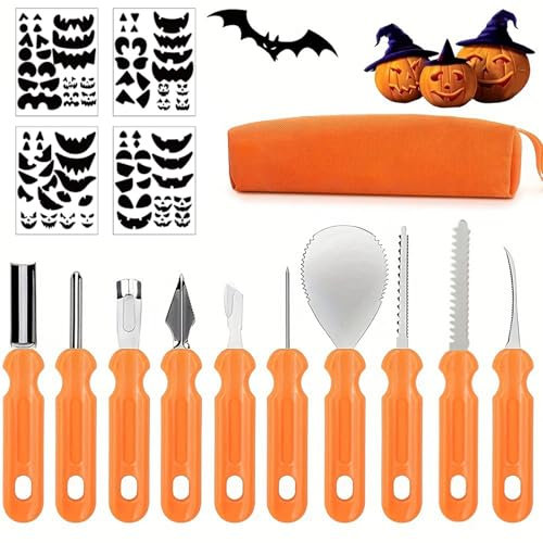 SansRealmL Kürbis Schnitzset 15-teilig, Halloween Kürbis Schnitzwerkzeug mit 4 Schnitzvorlagen, Professionelles Kürbis Schnitzen Werkzeug für Kinder & Erwachsene,Kürbisschnitzwerkzeuge mit Tragetasche