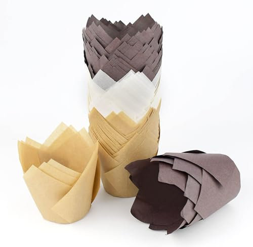 120 pirottini per cupcake a tulipano, per cupcake, muffin, involtini oleati per feste di compleanno, matrimoni, Natale, carta pergamena (bianco marrone naturale)