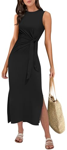 ANRABESS Womens Summer Casual Sleeveless T Shirt Midi Dress Slim Fit Tie Waist Split Tank Long Dresses 2026 Vacation Sundress Black