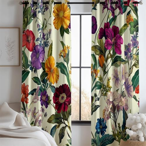 Blickdicht Vorhang mit Elegante Pflanzen Und Blumen Muster Vorhang mit Ösen Thermovorhang für Mädchenzimmer Wohnzimmer Schlafzimmer Fenstervorhänge Bunt für Zuhause H214 x B91.5 cm (2er Pack)