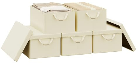 WOLTU Aufbewahrungsbox mit Deckel 5 Stück, mit Griffen, Creme,48x29x20 cm | aus Polyesterstoff, für Schlafzimmer, Arbeitszimmer, Wohnzimmer, Organizer Box mit Griffen, faltbar,