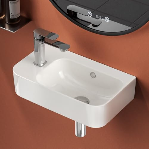 EMKE Lave-Mains XL 45,5 x 27 x 15 cm, Petit Lavabo Suspendu Rectangulaire en Céramique, Vasque Murale de Confort avec Trou de Robinet à Gauche, Blanc Brillant (Sans Robinet ni Bonde)