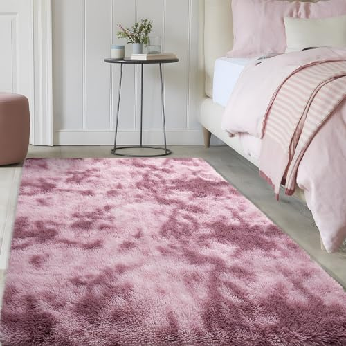 SOANNY Teppich Wohnzimmer Waschbar Anti-Rutsch 120x180 cm, Dunkelpink | Hochflor, Langflor, Flauschig, Weich, Tie-Dye, Pflegeleicht, Für Wohnzimmer Schlafzimmer Kinderzimmer Büro Bettumrandung