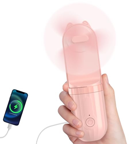 FUNJEO 3-in-1 Mini-Handventilator, Powerbank&Taschenlampe –Ultraleichter Taschenventilator mit 3 Geschwindigkeiten, USB wiederaufladbar für Reisen/Camping/Draußen – Geschenke für Frauen & Kinder(Rosa)