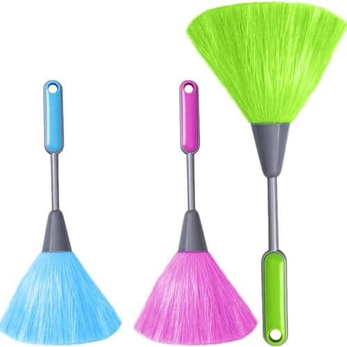 YUNYU Set di 3 spolverini lavabili e riutilizzabili, con manico ergonomico, in plastica, per uso domestico e ufficio, per la pulizia multi-superficie (blu, verde, rosa)
